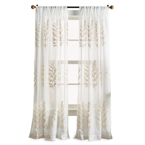 Martha Stewart Georgia Sheer Curtain Panels - Embroidered Floral Rod Pocket Window Curtains, Ivory, 84 Inch (Pair)