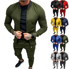 Men's Solid Color suit Collar Long Sleeve Jacket Sport 2 Piece Set