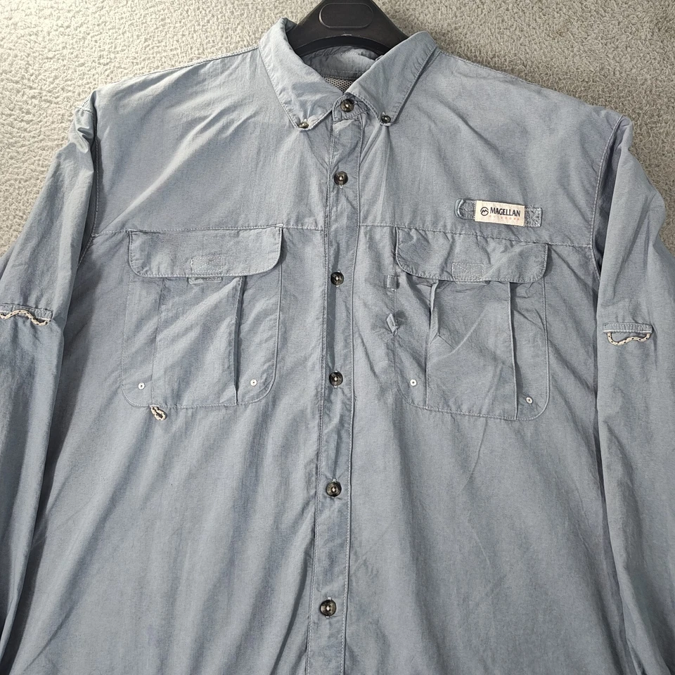Magellan Shirt Mens Extra Large Gray Blue Long Sleeve Pockets Button Down Fish - Image 3 of 4