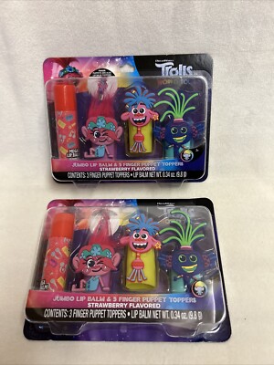 LOT OF 2 Trolls Lip Balm Stick Finger Puppet Toppers Strawberry NIB