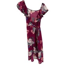 Monteau wrap dress floral wine color ruffle flutter sleeve small wedding shower
