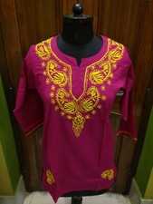 XS 37 HANDMADE 100 COTTON ETHNIC CHIKAN EMBROIDERY TOP KURTA KURTI TUNIC BLOUSE