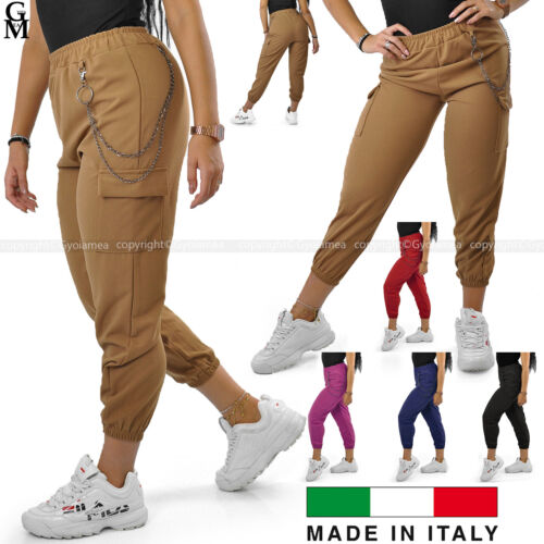 Pantalone cargo donna elasticizzato tasconi catena sportivo morbido giornaliero - Foto 1 di 17