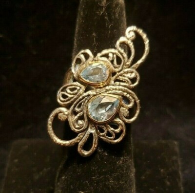 Bali Couture handgefertigter hellblauer Topas Sterling & 18K Ring-Größe 7