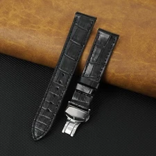 18mm Black Leather Watch Band Deployment Clasp Buckle Flat Crocodile Watch Strap