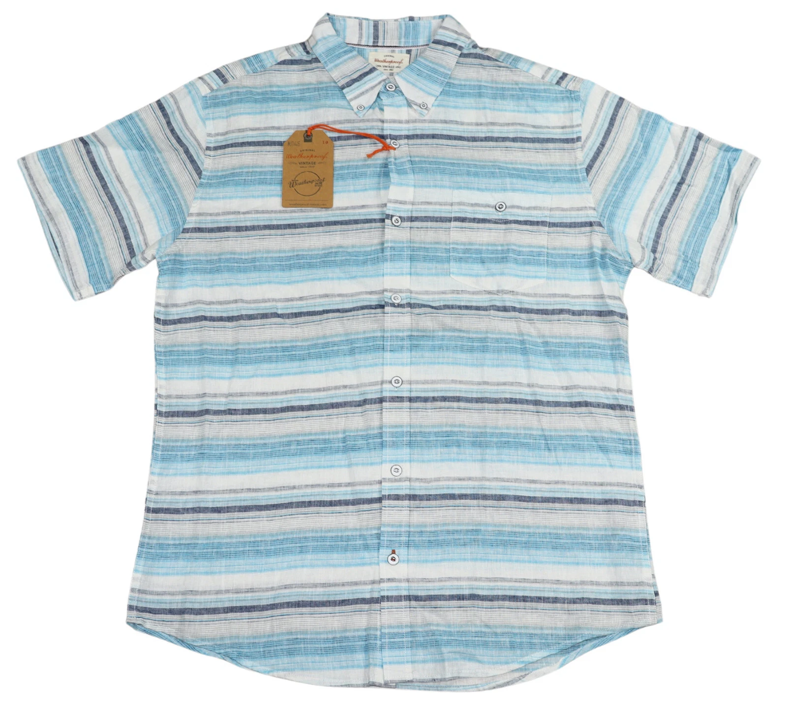 Weatherproof Linen Blend Striped Short Sleeve Men's Button Down Shirt M NWT Blue