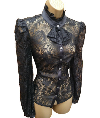 UK 10 KAREN MILLEN Vintage schwarz transparent Spitze Puffärmel Top Bluse Shirt