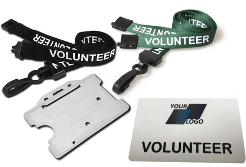 VOLUNTEER Neck Strap Lanyard, Holder With CUSTOM Printed Plastic ID Badge Card
