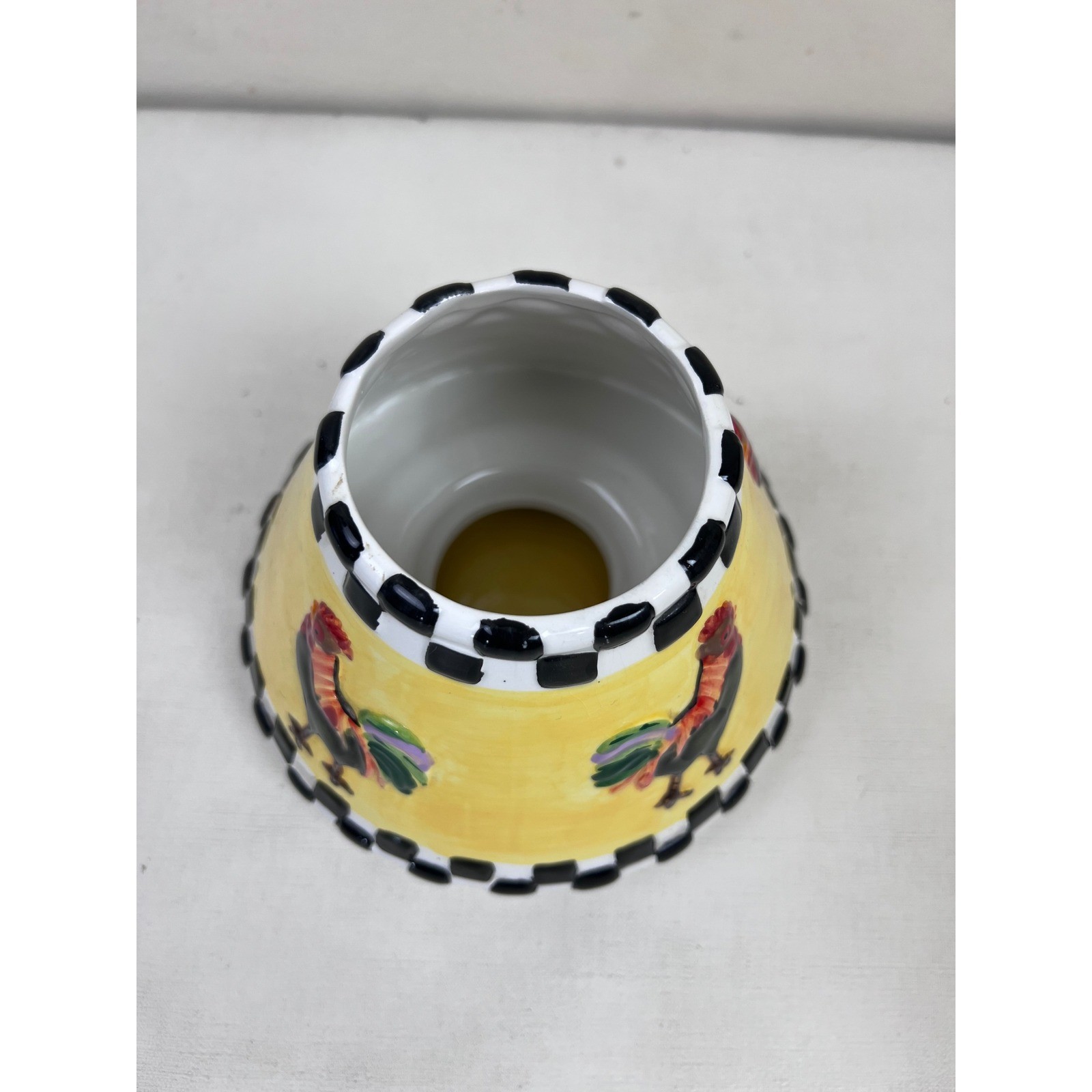 Rooster Candle Holder with Plate Yellow Black White Checkered Farmhouse Cottage