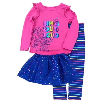 Trolls Toddler Girls Poppy 4 Pc Outfit Pink Shirt Tutu Leggings & Headband 5T