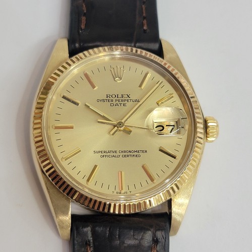 Rolex 1503 Oyster Perpetual Date 14k Solid Gold Mens 1970s 34mm Automatic RA692B