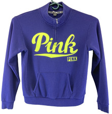 Victoria s Secret PINK Purple Quarter Zip Sweatshirt Yellow Spellout Logo Size L