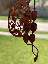 Vintage Chinese Carved Red Cinnabar Floral Beaded On Red Cord Necklace