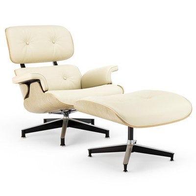 Used Mid Century Tall Eames Chaise Lounge Chair and Ottoman Beige Real Leather