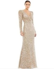 Mac Duggal Women’s Gold Sequined Long Sleeve Ruched Gown Size 4