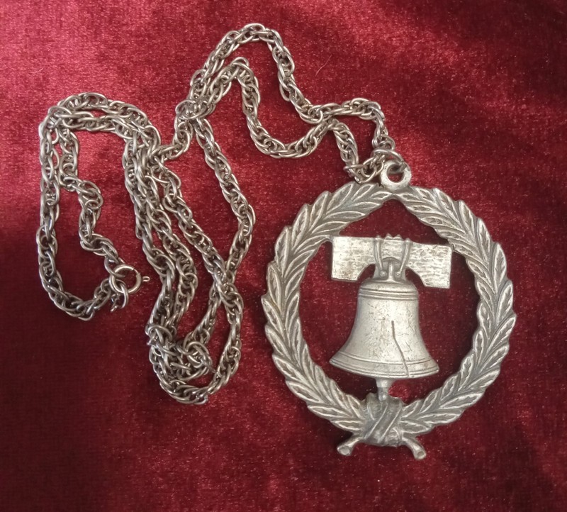 Silver Tone Liberty Bell Medallion Pendant Necklace Vintage Rafaelian Cranston
