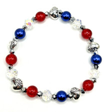 7.5" USA Patriotic Red, White, Blue Glass STRETCH Bracelet w Heart Beads America