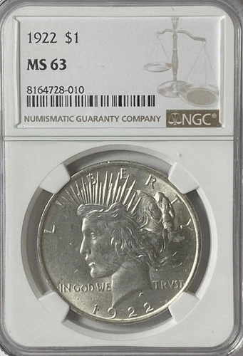 1922 $1 Peace Silver One Dollar US NGC MS63 Philadelphia