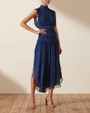 SHONA JOY Dress Safira Midi - Size AU 14 / US 10 Long Open Back Navy Blue Ruched