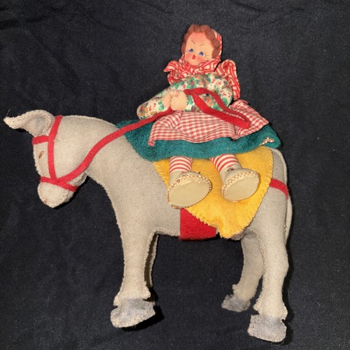 Vintage 50s Felt Lady On Donkey Portugal Maria Helena Burro Toy Souvenir