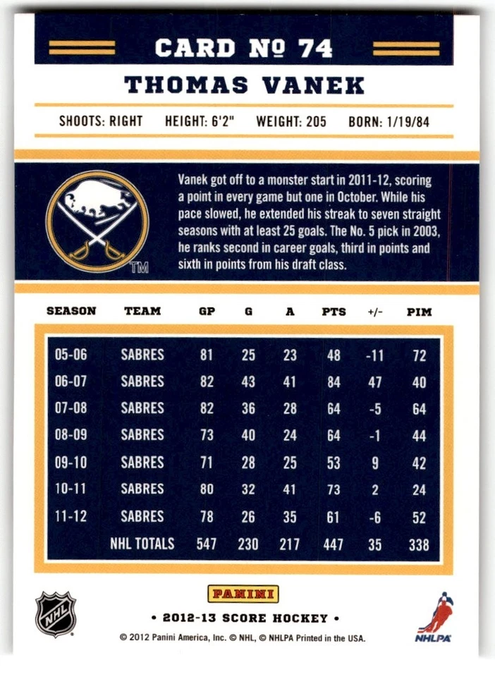Thomas Vanek 2012-13 Score Gold Rush #74 Buffalo Sabres - Image 2 of 2