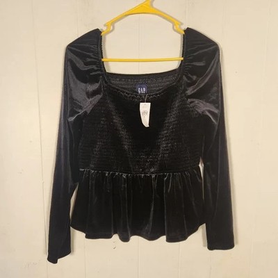 Gap Black Velvet Smocked Squareneck Peplum Blouse Sz Medium NWT Whimsigoth Vamp