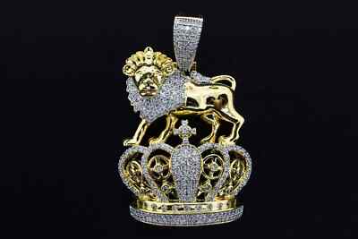 2 CT Diamond Pendant King Crown Lion Men's Charm 14k Yellow Gold Over Solid