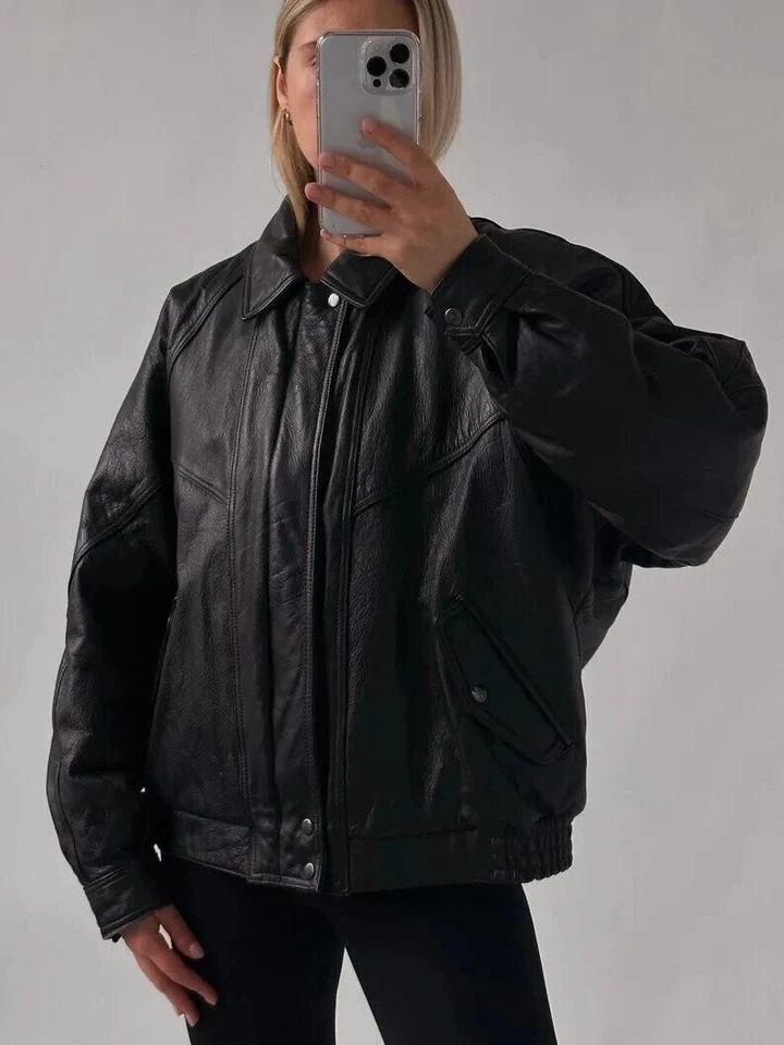 Womens Handmade Oversized Real Leather Vintage Women's Black Bomber Jacket - Image 2 of 4