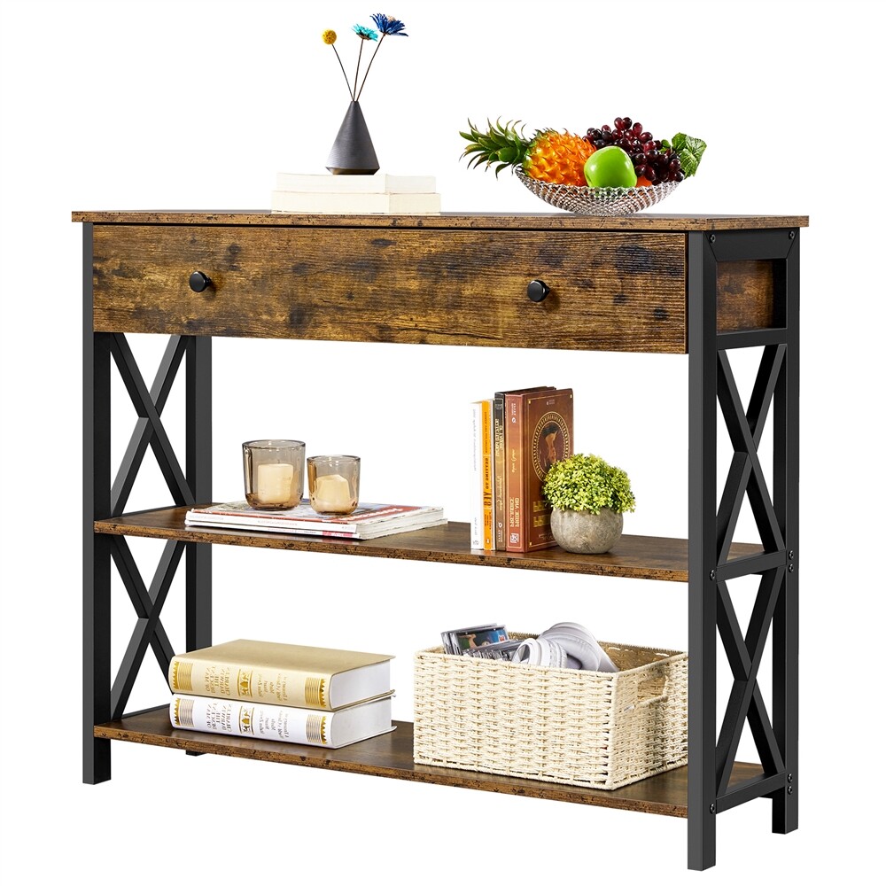 3-Tier Vintage Console Table w/ Drawer & Shelves Hallway Furniture, Rustic Brown