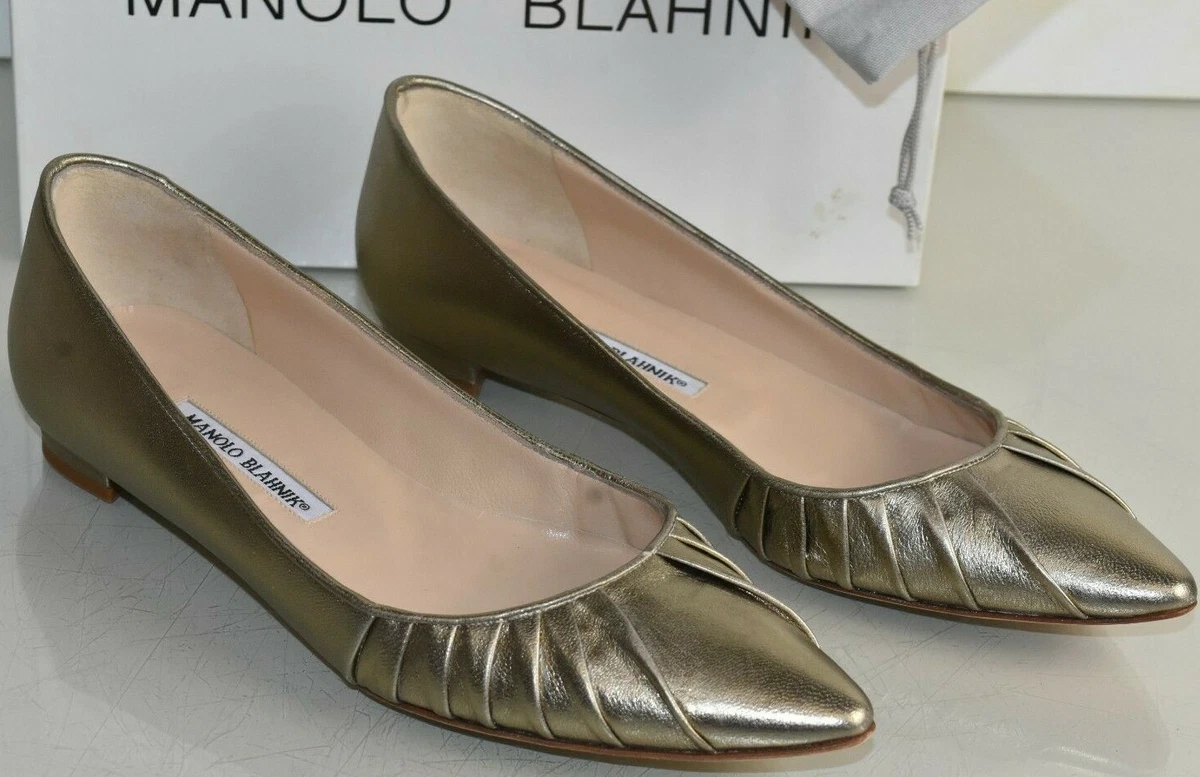 NEW Manolo Blahnik TITTOPLEA Leather Flats BB Pewter Gold Metallic