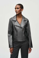 Joseph Ribkoff Metallic Faux Leather Biker Jacket 234902f24 Gunmetal Xs