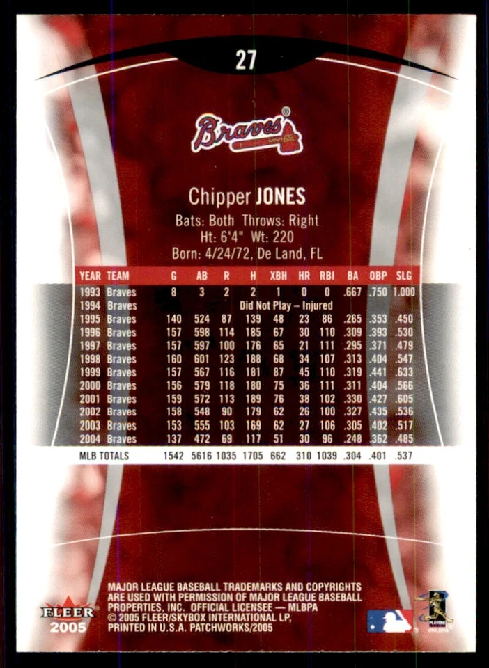 2005 Fleer Patchworks #27 Chipper Jones Atlanta Braves - Image 2 of 2