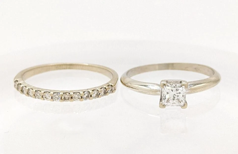 14K White Gold 3.4g Diamond Wedding Set Dainty Classic Solitaire Ring Size-6.5 - Image 3 of 4