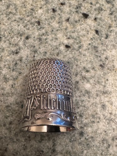 Sterling Silver Antique Thimble, Simons Bros, A STITCH IN TIME, size 8, 4.7g