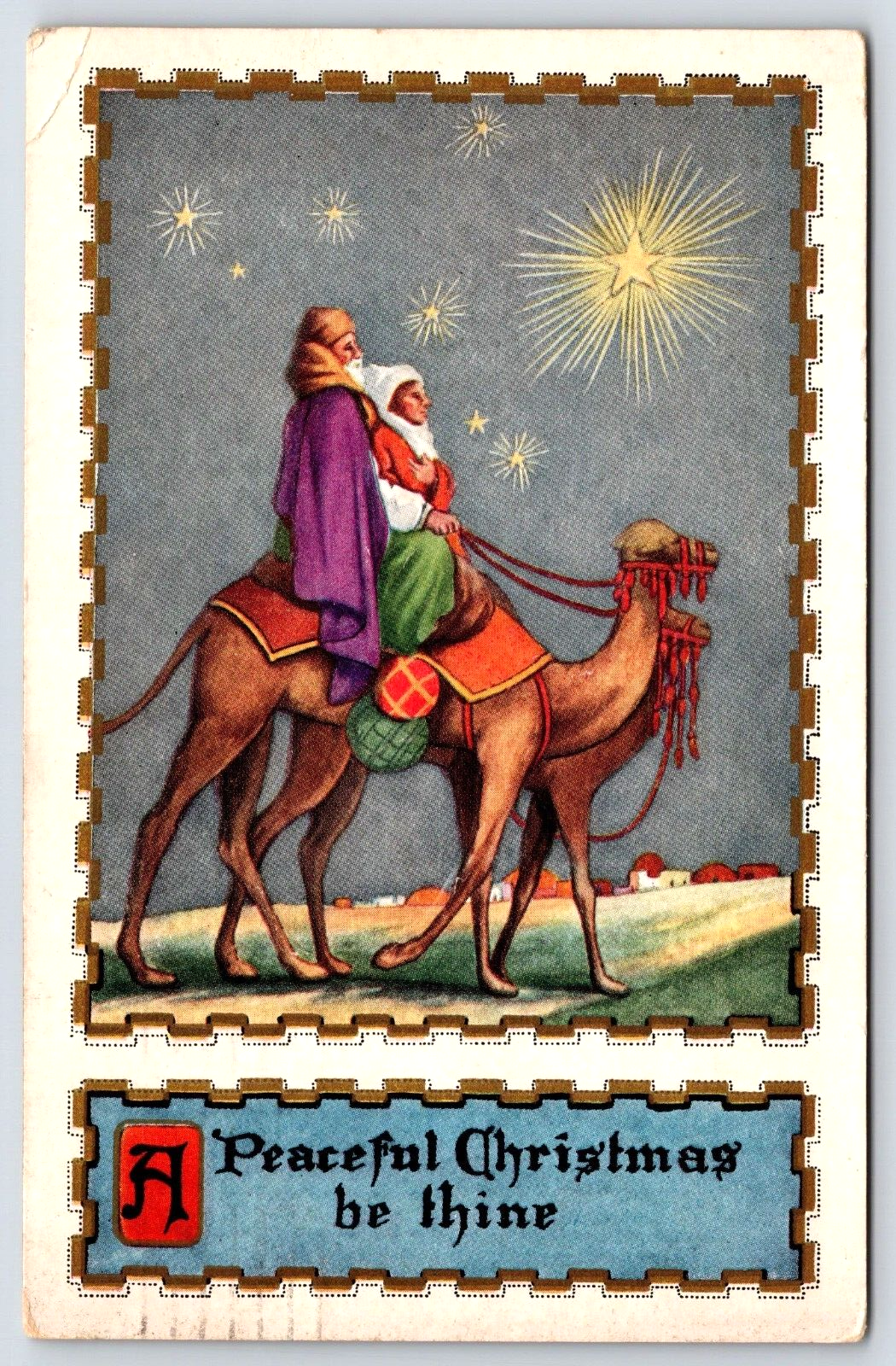 Vintage Old Antique Postcard Christmas Holiday Peace Camels Stars Embossed 1922