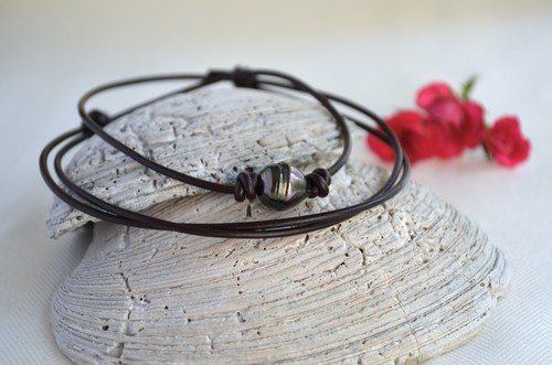 Unisex Tahitian Pearl on Greek Leather Choker Tahiti Pearl Adjustable Necklace - Picture 9 of 9