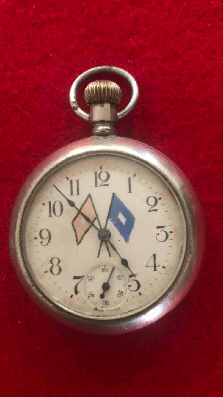 1920’s Boy Scout Pocket Watch with Crossed Flags & Etched Scout Scene