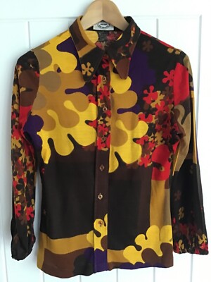 DAMEN VINTAGE OSCAR VALENTINO SHIRT FUNKY FLOWER POWER FESTIVAL 70ER JAHRE GRÖSSE 8 ~ 10