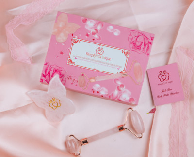 Premium Natural Rose Quartz Facial Crystal Roller + Rare Butterfly Gua Sha Set