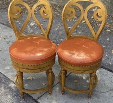 Vintage Biedermeier Style Wooden Swivel Barstool Set