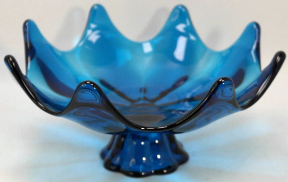 Plato de compota vintage vikingo soplado a mano 8 pétalos borde de loto épico azul aguamarina Foto 4 de 4