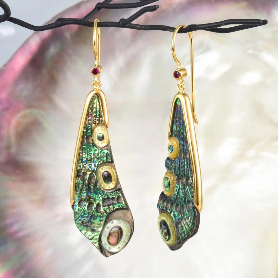 Dragonfly Wing Earrings Abalone Carving Gold Vermeil Sterling Silver Ruby 6.25 g - Image 2 of 4