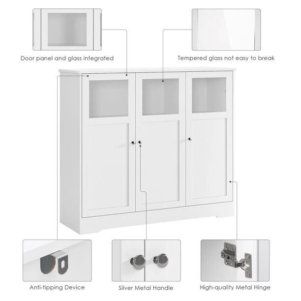 Homfa Armario Acento Blanco, 37.4'' Alto Armario Aparador de Almacenamiento 3 Puertas de Vidrio Foto 3 de 4