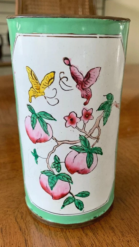 Hermosa maceta vintage china familiar rosa esmalte verde pájaros y flores Foto 3 de 4