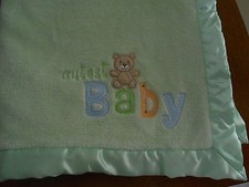 GERBER green sage BABY BLANKET lovey cutest NEW satin baby tan bear 40x30"