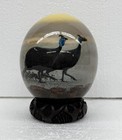 African Handmade Decoupage Painted Ostrich Egg - Guinea Fowls w/ Carved Stand