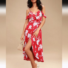Lulu's Bouquet Blooms Red Floral Print Off-the-Shoulder Wrap Midi Dress Small