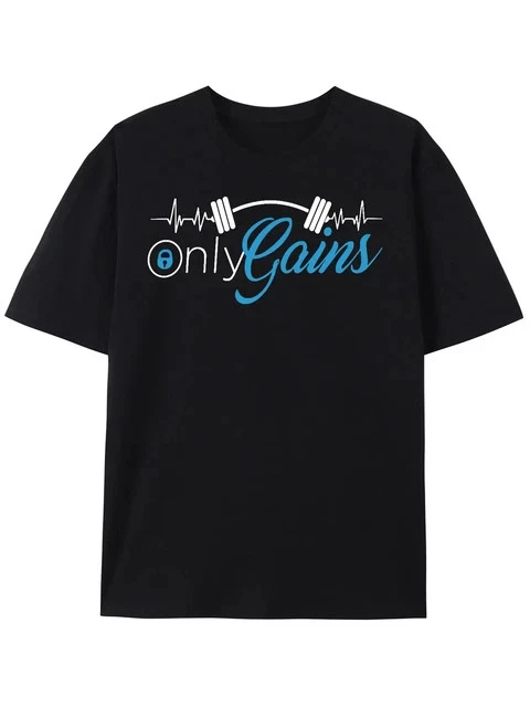 Black Cotton "Only Gains" Men's T-Shirt Breathable 100% Cott Size L & XL T-Shirt
