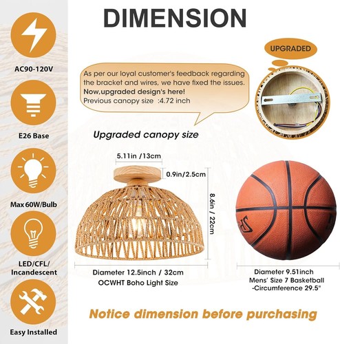 Boho Rattan Ceiling Light Fixtures Lamp Shade 12.59 inch-brown, Brown - 第 6/9 張圖片