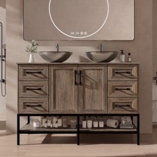 48" Double Sink Bathroom Vanity Cabinet Glass Basin No Mirror Faucet w/ Doors